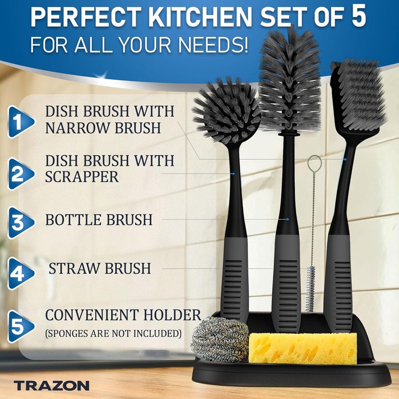 Trazon Dish Brush Set of 5 with Holder - Kitchen Scrub Brushes with Non-Slip Long Handle for Cleaning, Scrubber, Dishwashing, Dishes, Bottles, Straws, Cups, Pots & Sink, Black - Image 2